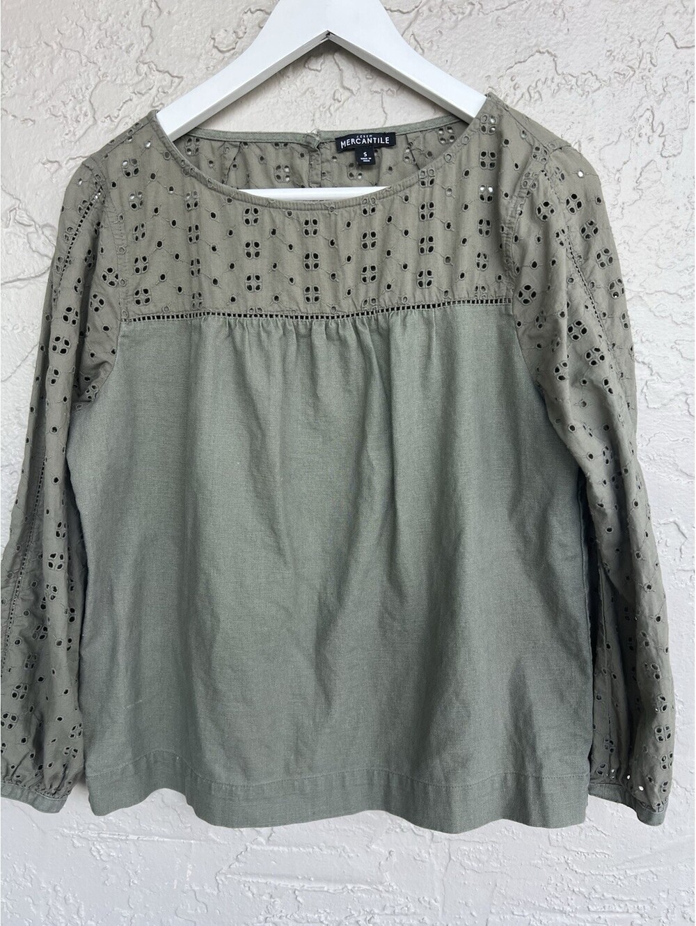 EUC! J.Crew Mercantile Olive Green Line Blend Eyelet Long Sleeves Shirt Women S